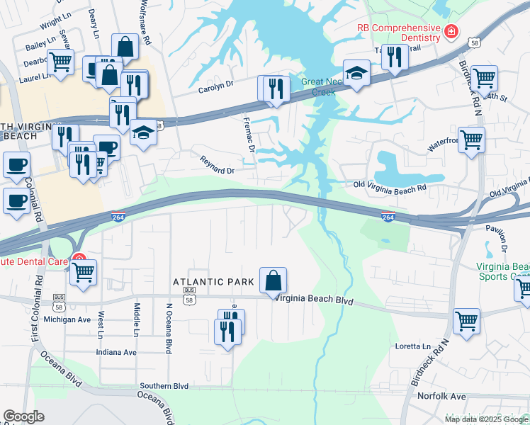 map of restaurants, bars, coffee shops, grocery stores, and more near 1387 Old Virginia Beach Road in Virginia Beach