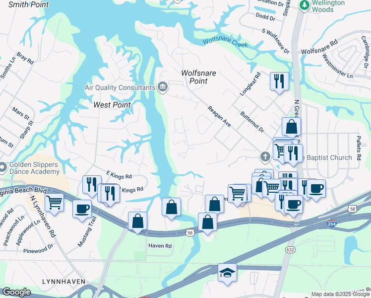 map of restaurants, bars, coffee shops, grocery stores, and more near 333 River Forest Road in Virginia Beach
