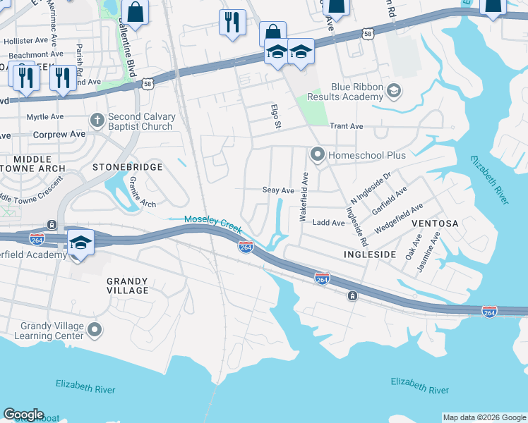 map of restaurants, bars, coffee shops, grocery stores, and more near 819 Weiss Lane in Norfolk