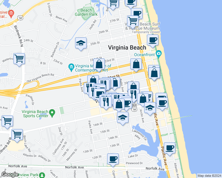 map of restaurants, bars, coffee shops, grocery stores, and more near 1907 Mediterranean Avenue in Virginia Beach