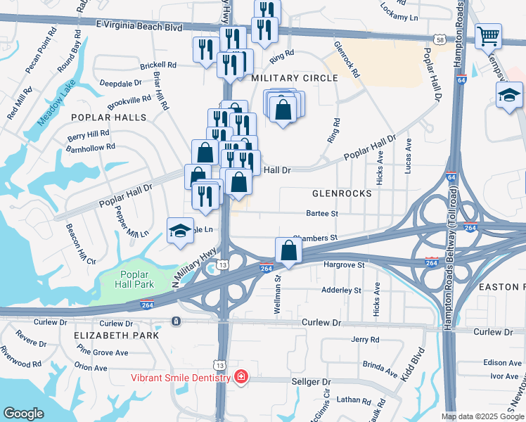 map of restaurants, bars, coffee shops, grocery stores, and more near 5741 Bartee Street in Norfolk