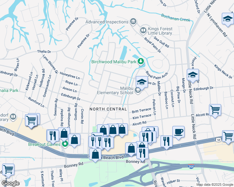map of restaurants, bars, coffee shops, grocery stores, and more near 3708 Beacon Lane in Virginia Beach