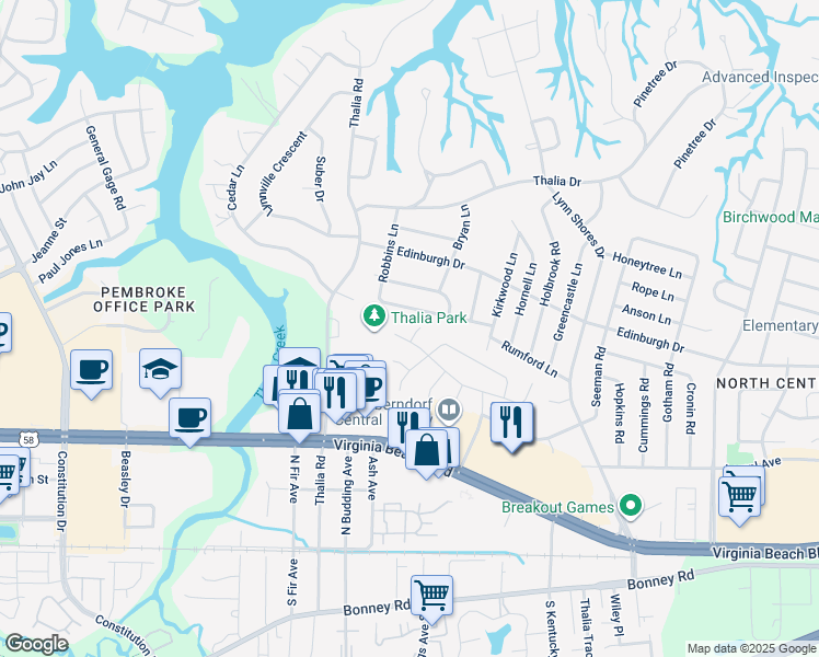 map of restaurants, bars, coffee shops, grocery stores, and more near 407 Sheepshead Lane in Virginia Beach