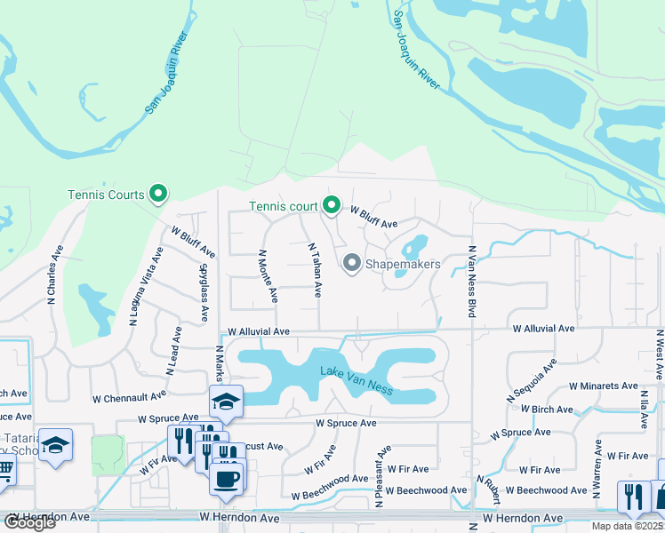 map of restaurants, bars, coffee shops, grocery stores, and more near 2727 West Bluff Avenue in Fresno