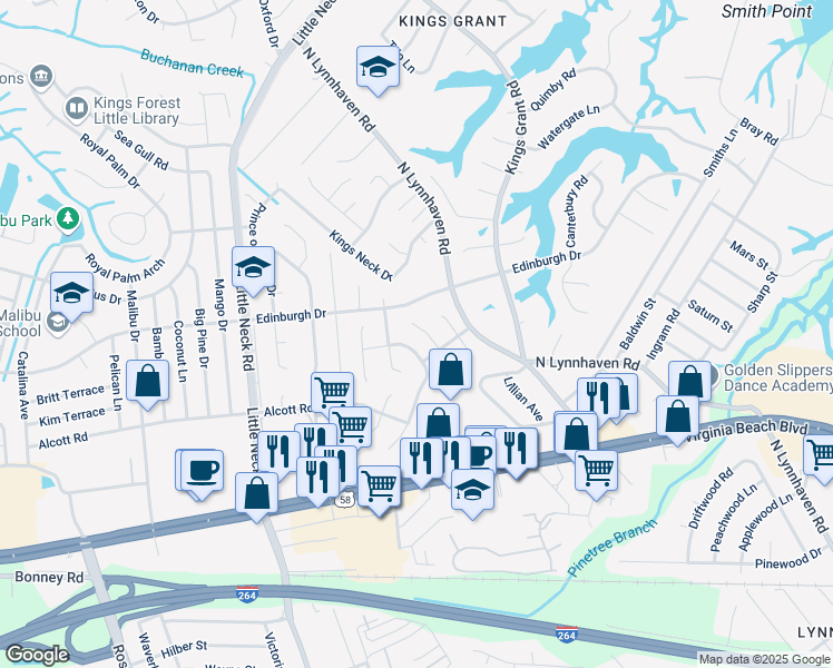 map of restaurants, bars, coffee shops, grocery stores, and more near 485 Leslie Terrace in Virginia Beach