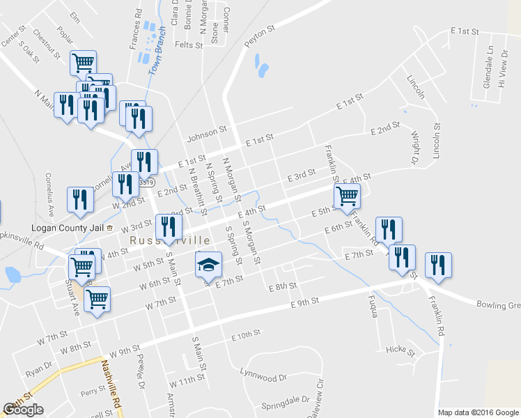 map of restaurants, bars, coffee shops, grocery stores, and more near 551 East 4th Street in Russellville