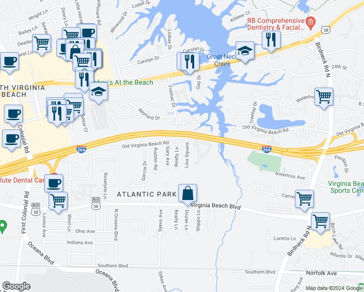 map of restaurants, bars, coffee shops, grocery stores, and more near 1387 Old Virginia Beach Road in Virginia Beach