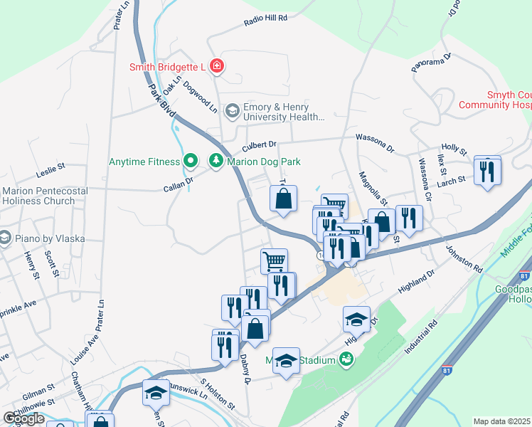 map of restaurants, bars, coffee shops, grocery stores, and more near Park Boulevard in Marion