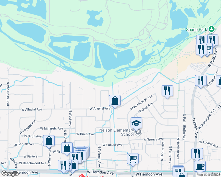 map of restaurants, bars, coffee shops, grocery stores, and more near 7549 North Toletachi Road in Fresno