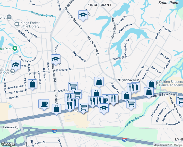 map of restaurants, bars, coffee shops, grocery stores, and more near 485 Leslie Terrace in Virginia Beach