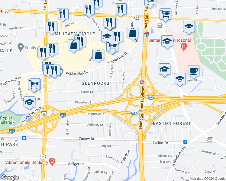 map of restaurants, bars, coffee shops, grocery stores, and more near 419 Glenrock Road in Norfolk