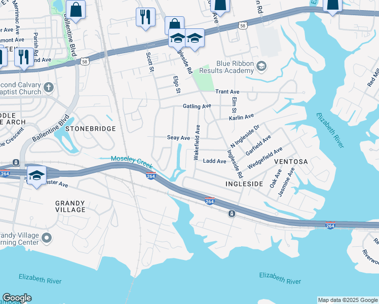 map of restaurants, bars, coffee shops, grocery stores, and more near 3545 Seay Avenue in Norfolk