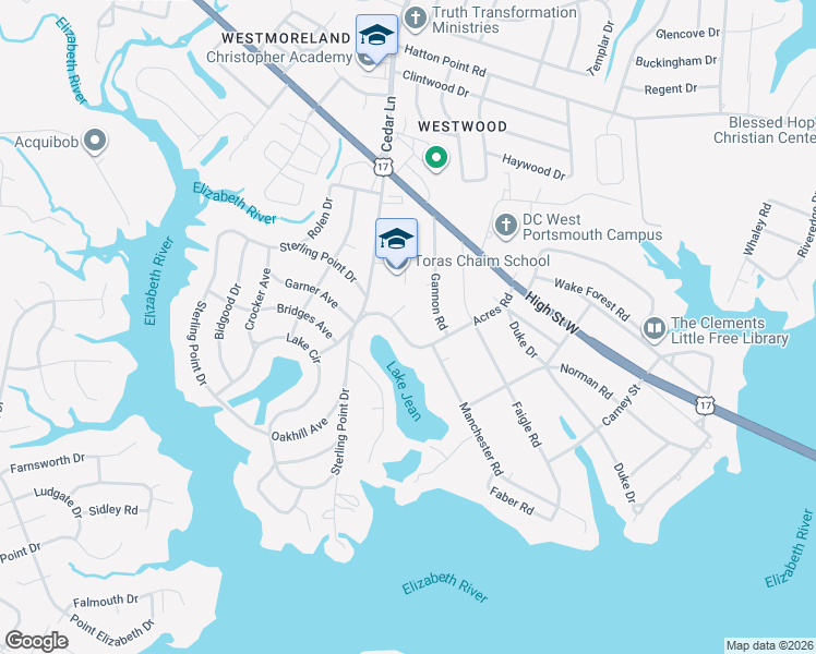 map of restaurants, bars, coffee shops, grocery stores, and more near 3008 Acres Circle in Portsmouth