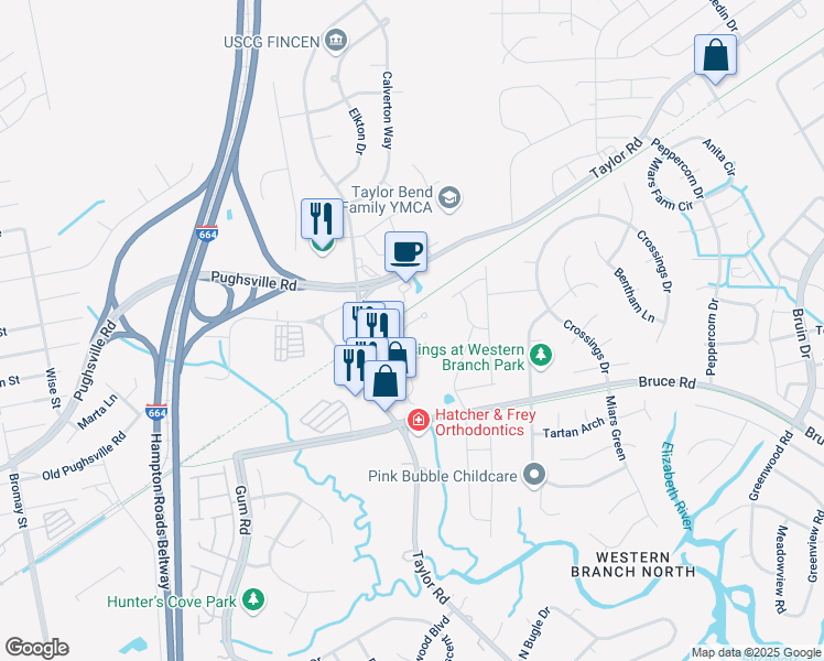 map of restaurants, bars, coffee shops, grocery stores, and more near 3418 Cricket Hollow Lane in Chesapeake
