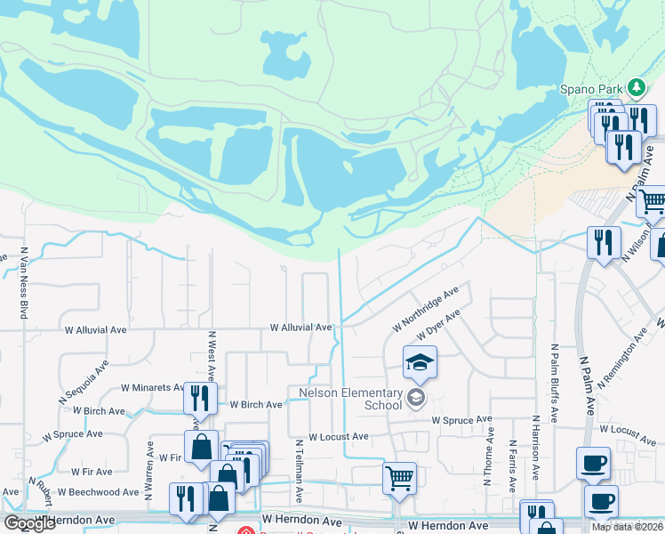 map of restaurants, bars, coffee shops, grocery stores, and more near 7549 North Toletachi Road in Fresno