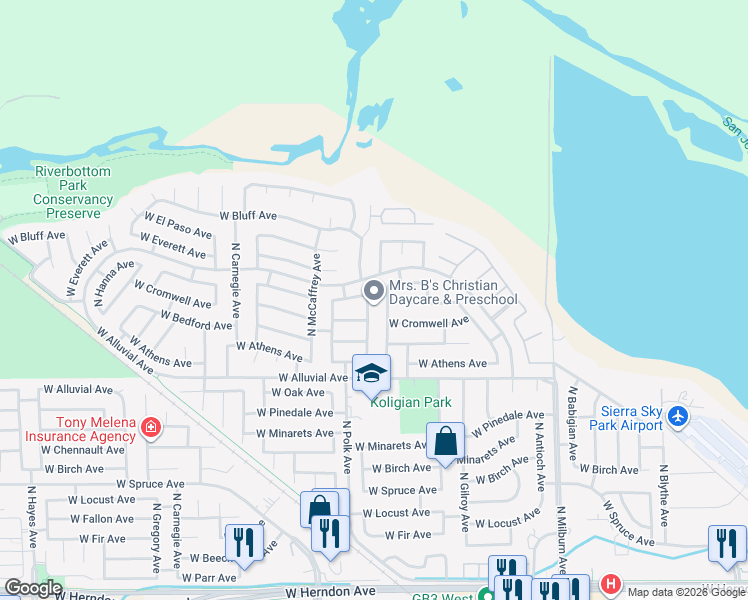 map of restaurants, bars, coffee shops, grocery stores, and more near 5408 West Decatur Avenue in Fresno