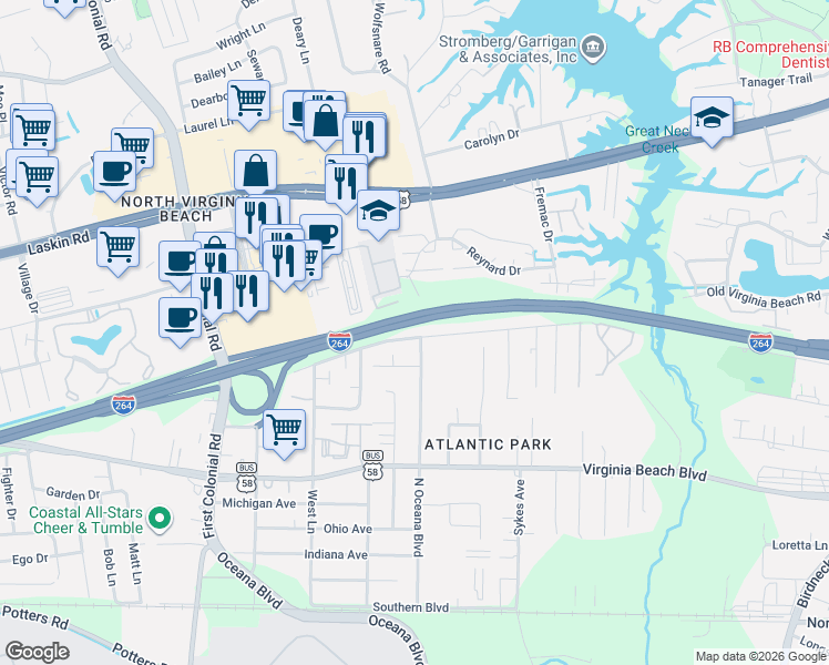 map of restaurants, bars, coffee shops, grocery stores, and more near 1504 Old Virginia Beach Road in Virginia Beach