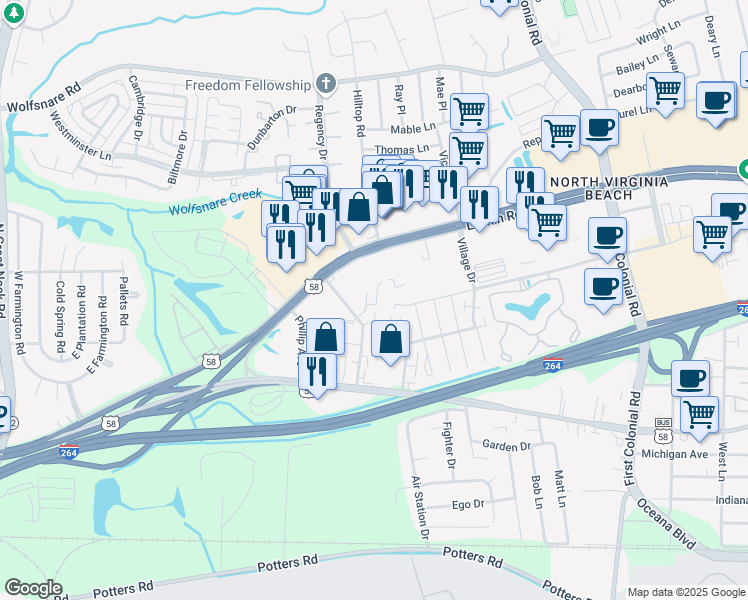 map of restaurants, bars, coffee shops, grocery stores, and more near 521 Jamesville Drive in Virginia Beach