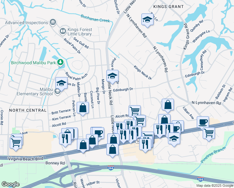 map of restaurants, bars, coffee shops, grocery stores, and more near 437 Prince of Wales Drive in Virginia Beach
