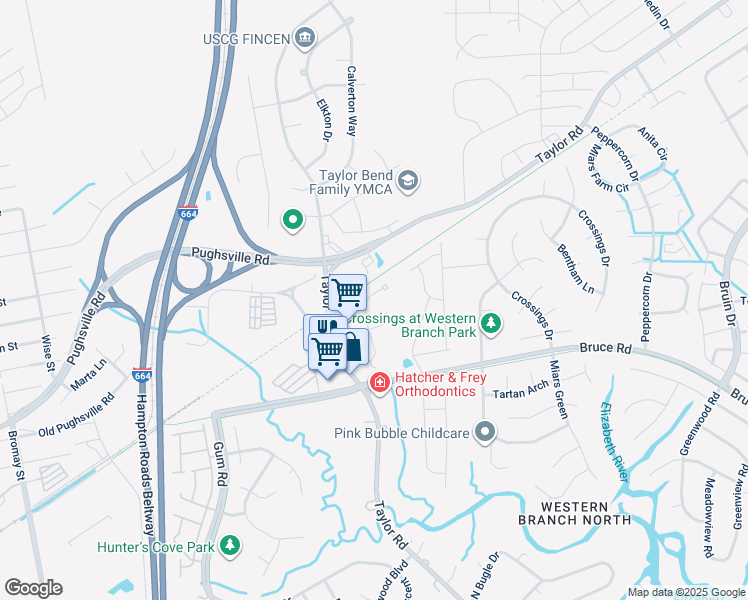 map of restaurants, bars, coffee shops, grocery stores, and more near 3418 Cricket Hollow Lane in Chesapeake