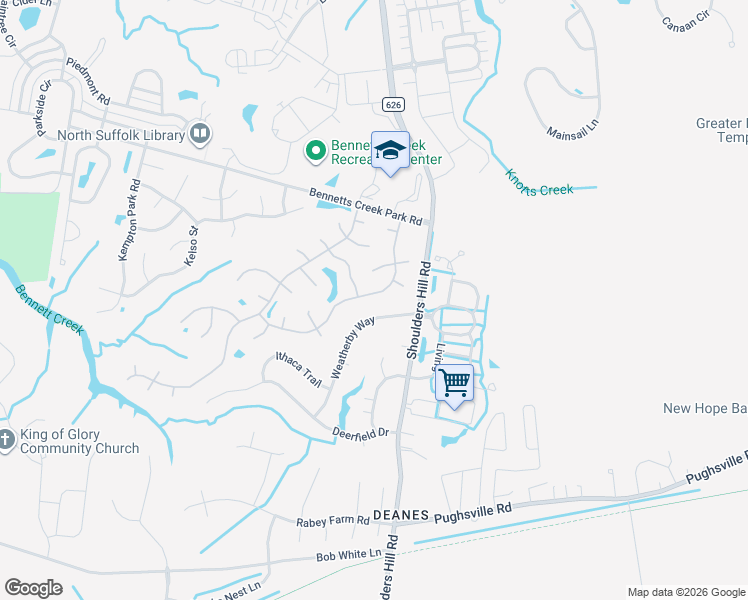 map of restaurants, bars, coffee shops, grocery stores, and more near 3017 Waterjump Crescent in Suffolk