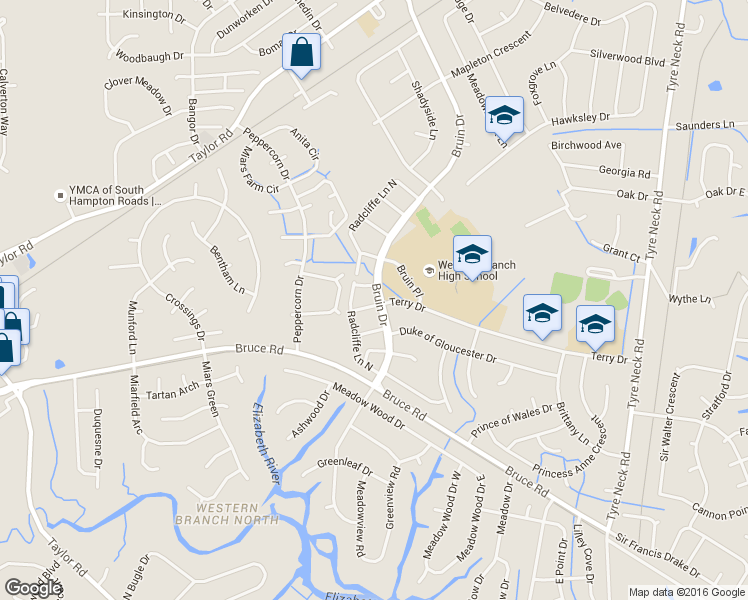 map of restaurants, bars, coffee shops, grocery stores, and more near 4300 Terry Drive in Chesapeake