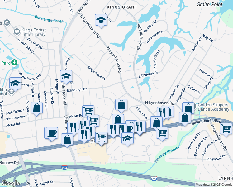 map of restaurants, bars, coffee shops, grocery stores, and more near 485 Leslie Terrace in Virginia Beach