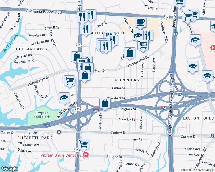 map of restaurants, bars, coffee shops, grocery stores, and more near 5818 Bartee Street in Norfolk