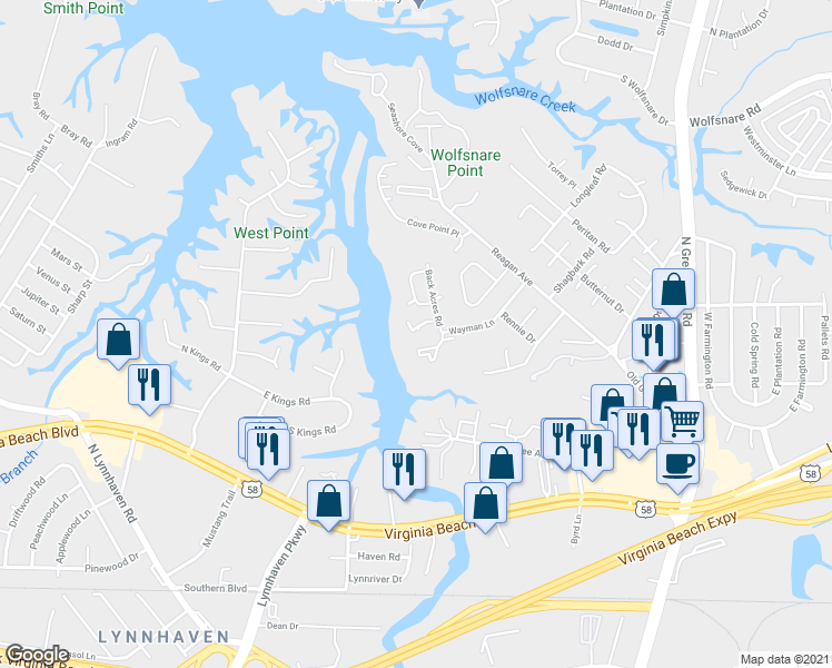 map of restaurants, bars, coffee shops, grocery stores, and more near 509 Benlea Court in Virginia Beach