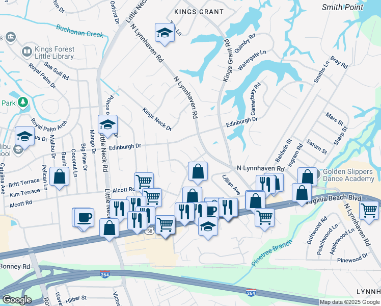 map of restaurants, bars, coffee shops, grocery stores, and more near 485 Leslie Terrace in Virginia Beach