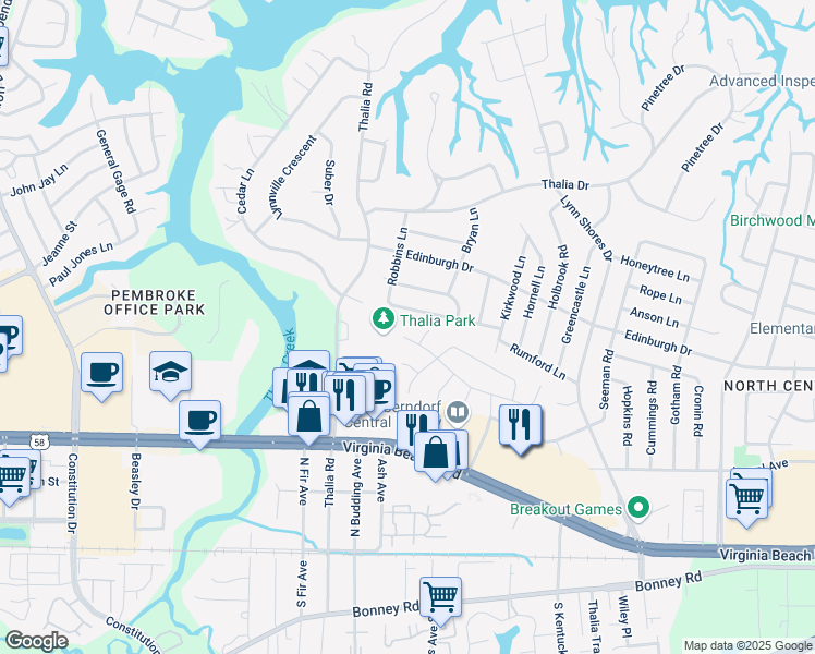 map of restaurants, bars, coffee shops, grocery stores, and more near 4144 Rundel Lane in Virginia Beach