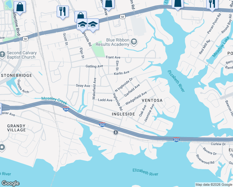 map of restaurants, bars, coffee shops, grocery stores, and more near 3612 North Ingleside Drive in Norfolk