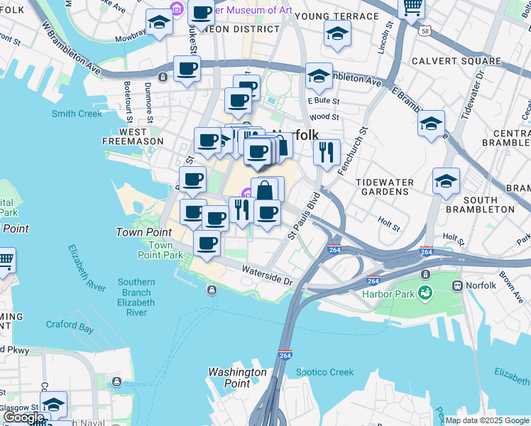 map of restaurants, bars, coffee shops, grocery stores, and more near 515 East City Hall Avenue in Norfolk