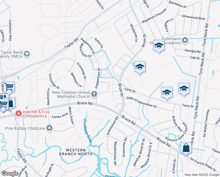map of restaurants, bars, coffee shops, grocery stores, and more near 4415 Deborah Court in Chesapeake