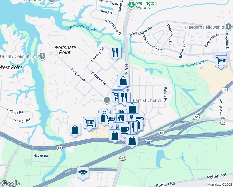 map of restaurants, bars, coffee shops, grocery stores, and more near 2327 Cretan Court in Virginia Beach