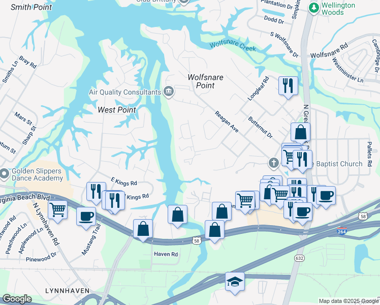map of restaurants, bars, coffee shops, grocery stores, and more near 401 Hidden Shores Court in Virginia Beach