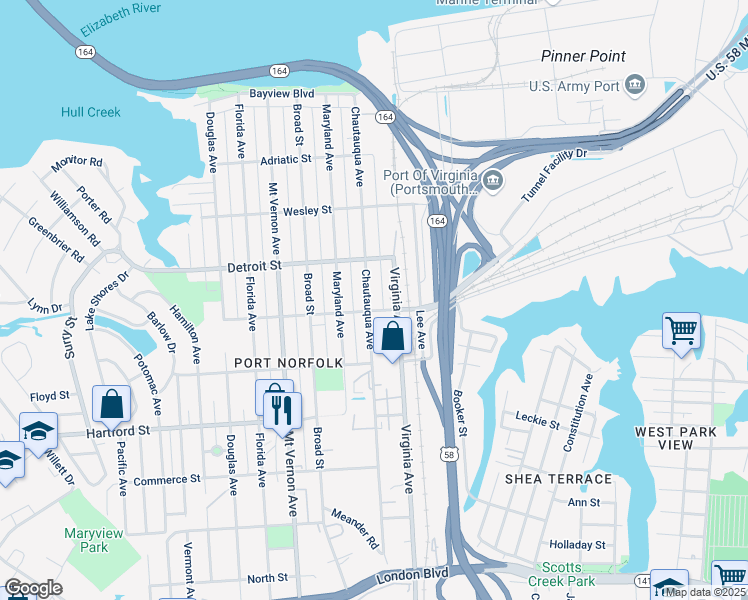 map of restaurants, bars, coffee shops, grocery stores, and more near 441 Chautauqua Avenue in Portsmouth