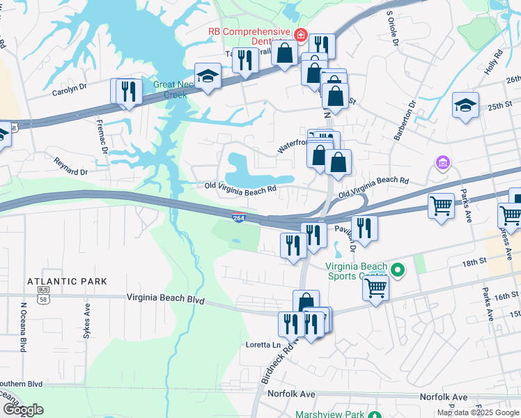 map of restaurants, bars, coffee shops, grocery stores, and more near 1100 Ocean Trace Lane in Virginia Beach