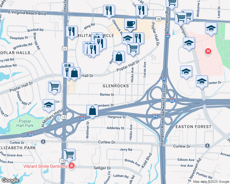 map of restaurants, bars, coffee shops, grocery stores, and more near 406 Frizzell Avenue in Norfolk