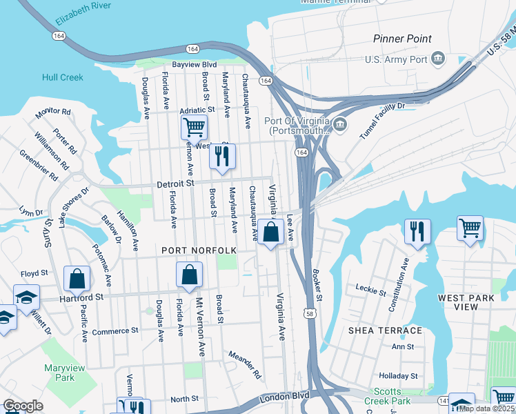 map of restaurants, bars, coffee shops, grocery stores, and more near 441 Chautauqua Avenue in Portsmouth