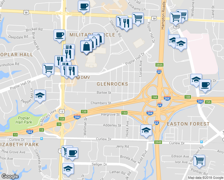 map of restaurants, bars, coffee shops, grocery stores, and more near 406 Frizzell Avenue in Norfolk
