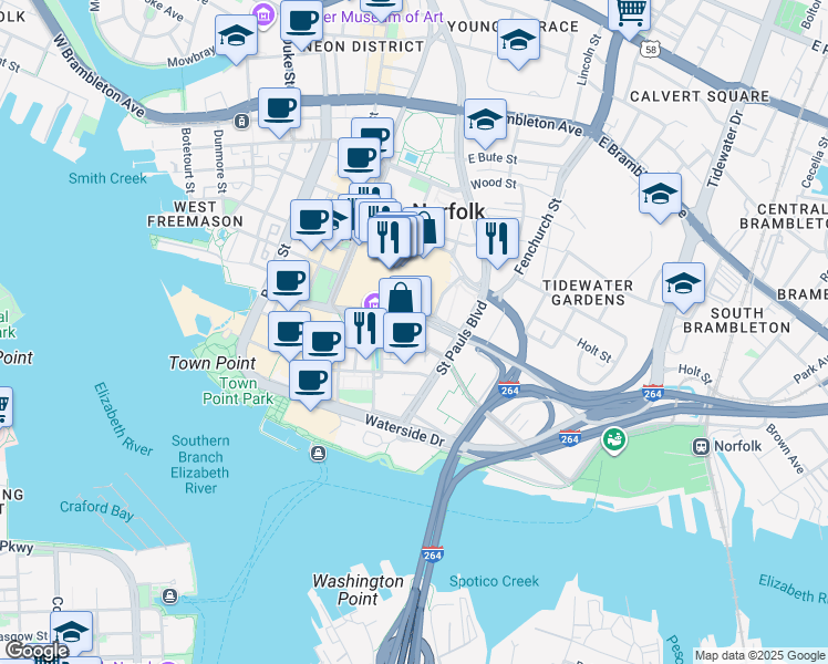 map of restaurants, bars, coffee shops, grocery stores, and more near 515 East City Hall Avenue in Norfolk
