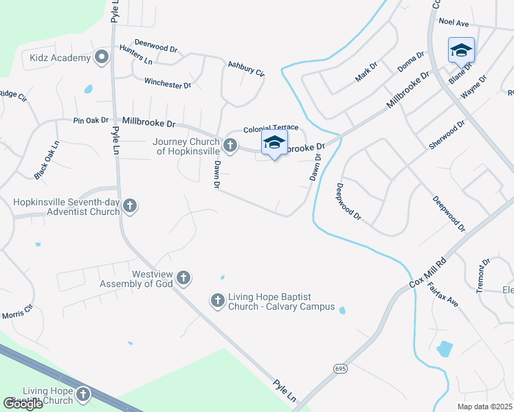 map of restaurants, bars, coffee shops, grocery stores, and more near 500 Dawn Drive in Hopkinsville