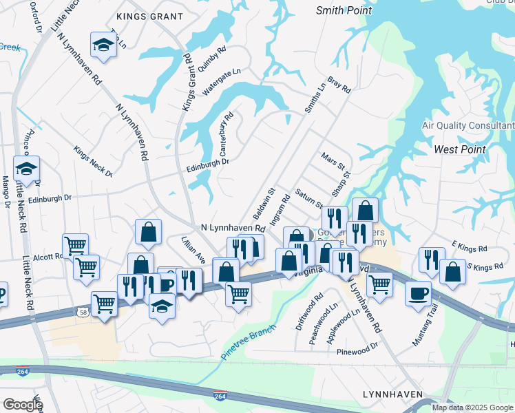map of restaurants, bars, coffee shops, grocery stores, and more near 421 Baldwin Street in Virginia Beach