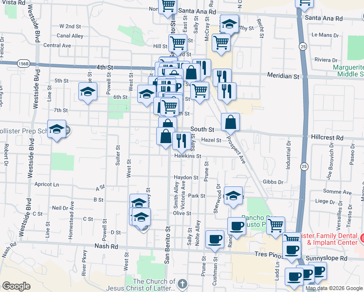 map of restaurants, bars, coffee shops, grocery stores, and more near 865 East Street in Hollister