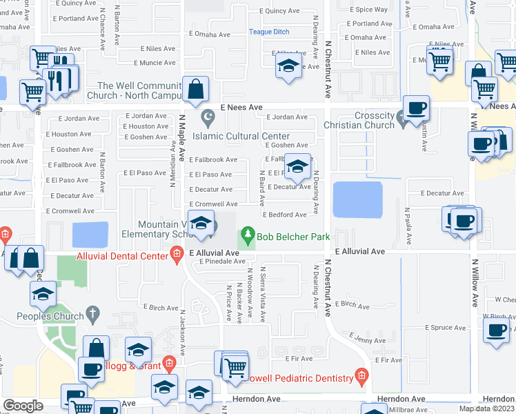 map of restaurants, bars, coffee shops, grocery stores, and more near 7625 North Baird Avenue in Fresno