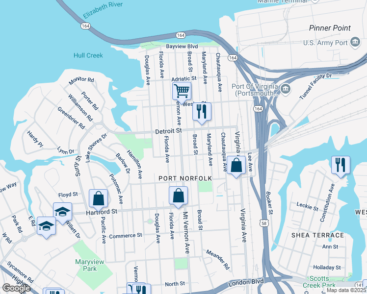 map of restaurants, bars, coffee shops, grocery stores, and more near 425 Mount Vernon Avenue in Portsmouth