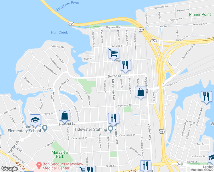 map of restaurants, bars, coffee shops, grocery stores, and more near 439 Florida Avenue in Portsmouth