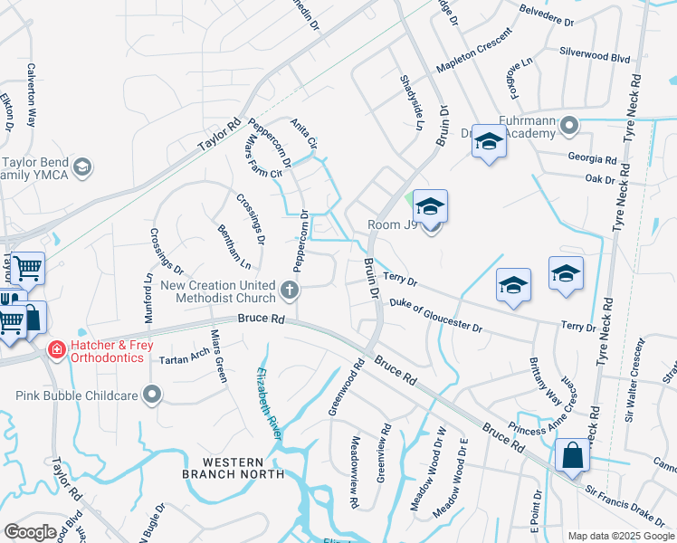 map of restaurants, bars, coffee shops, grocery stores, and more near 4424 Deborah Court in Chesapeake