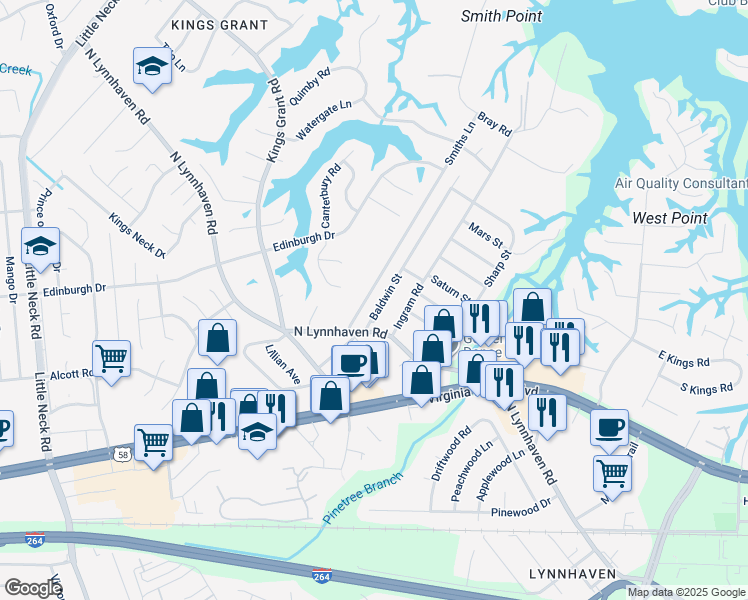 map of restaurants, bars, coffee shops, grocery stores, and more near 421 Baldwin Street in Virginia Beach